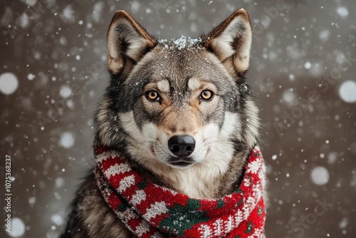 Majestic wolf in a festive Christmas scarf with snowflakes photo