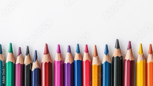 Line art illustration featuring a variety of colored pencils arranged in a row on a white background