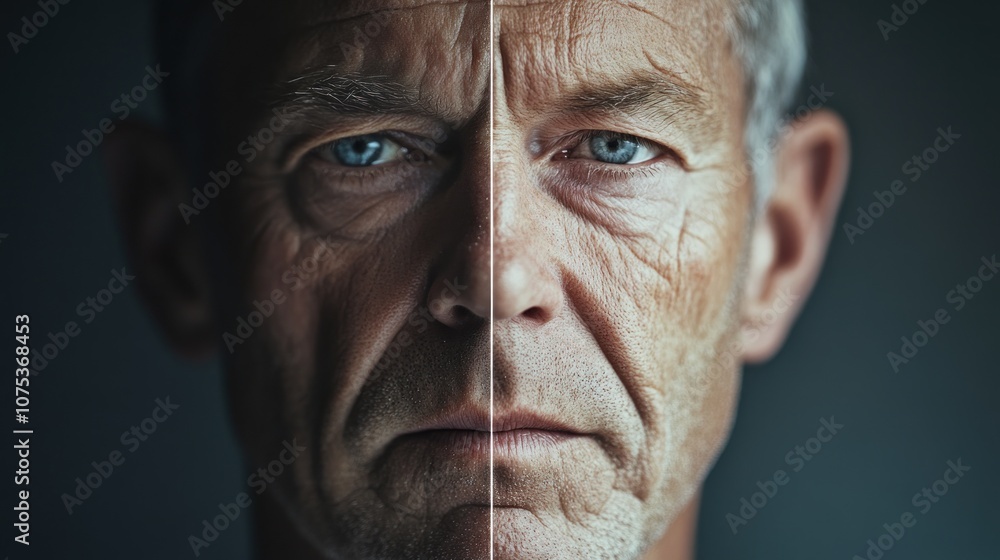 Close-up portrait of a man's face, split in half. Close-up portrait of a man's face, split in half.