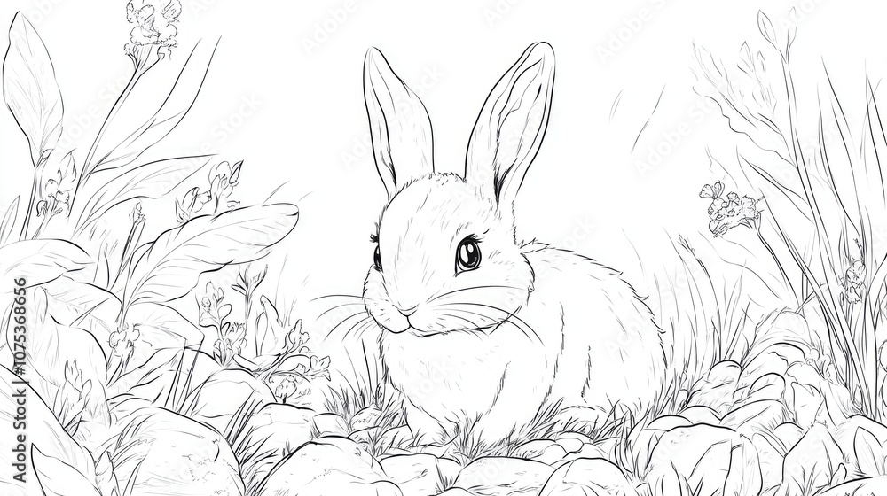 Line art illustration featuring a playful bunny designed for a coloring book Line art illustration featuring a playful bunny designed for a coloring book