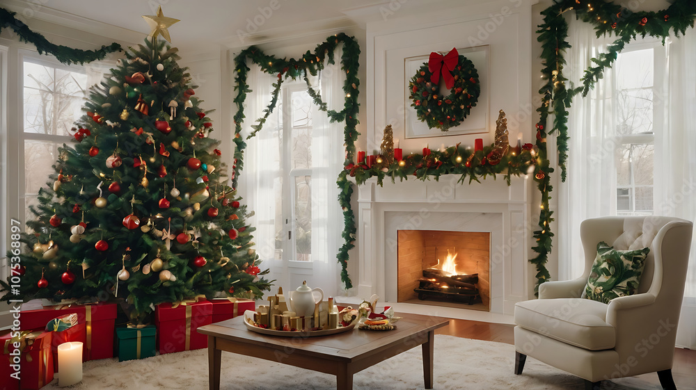 Cozy Traditional Christmas Living Room with Festive Decor and Fireplace, Christmas living room, holiday decor, Christmas tree, fireplace, Christmas decorations Cozy Traditional Christmas Living Room with Festive Decor and Fireplace, Christmas living room, holiday decor, Christmas tree, fireplace, Christmas decorations