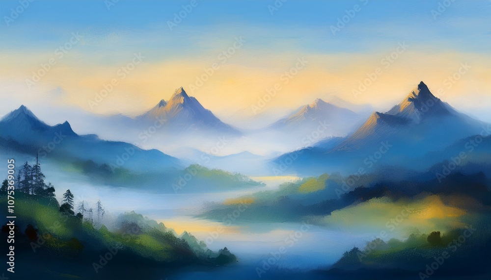 Obraz premium 안개가 끼인 산봉우리 동양화