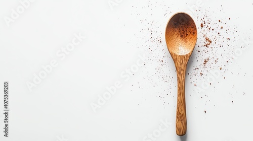 Wooden spoon with spices on a clean white background.