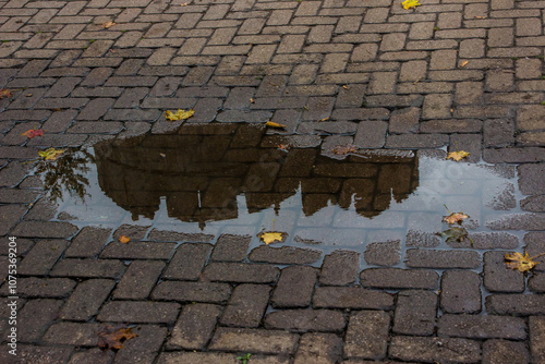 A small puddle surrounded by fallen autumn leaves, reflecting the crenelated top of a castle tower. photo