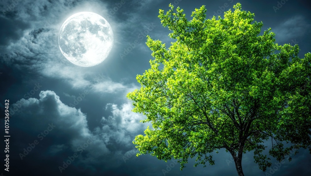 Moon rises between forest trees on dark cloudy sky, glowing bright transitioning to black Moon rises between forest trees on dark cloudy sky, glowing bright transitioning to black