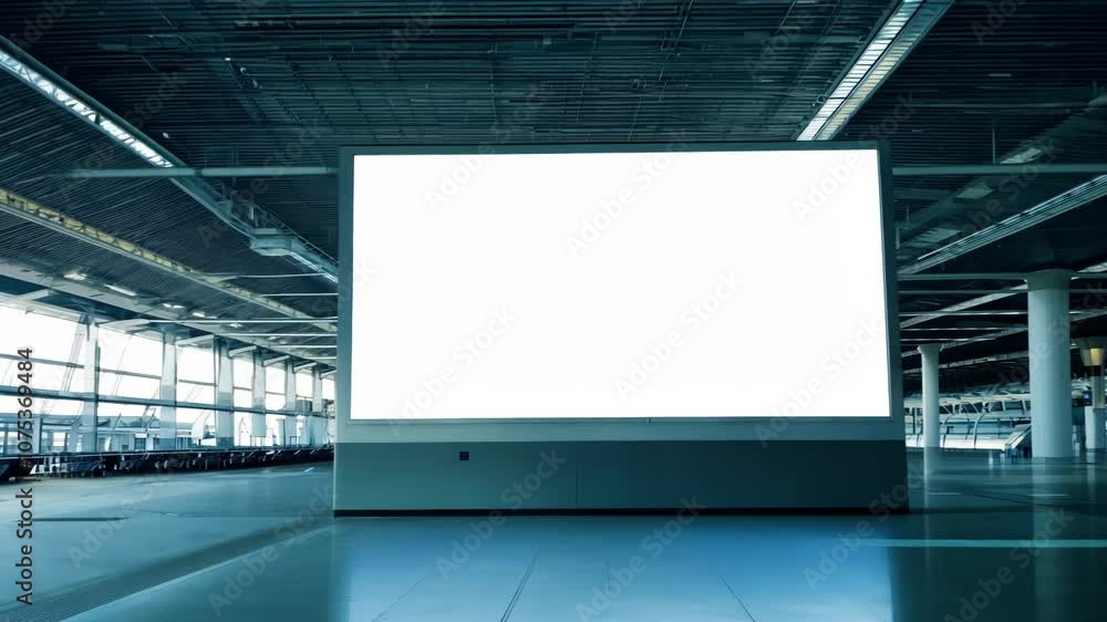 A blank white billboard in a modern, spacious hall with natural light streaming in, providing ample space for copy. Great for advertising or commercial concepts. A blank white billboard in a modern, spacious hall with natural light streaming in, providing ample space for copy. Great for advertising or commercial concepts.