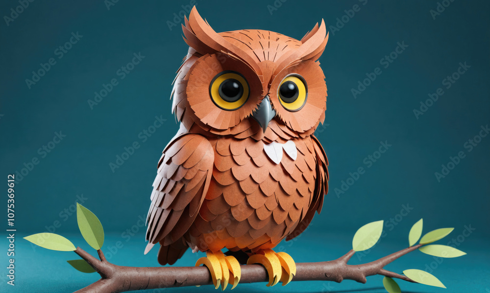 Obraz premium A paper owl sits on a branch, looking directly at the camera