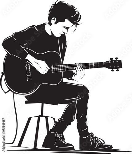 Young Man Playing Acoustic Guitar Stylized Vector Illustration Graphic