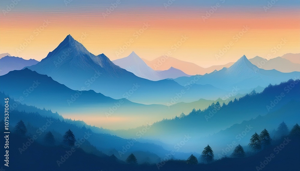 Fototapeta premium 안개가 끼인 산봉우리 동양화