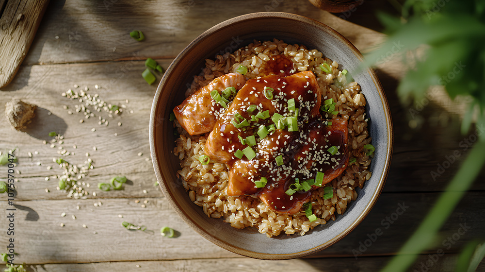 Teriyaki Salmon with Brown Rice Garnished with Green Onions and Sesame Seeds on Rustic Wooden Table
Teriyaki Salmon with Brown Rice Garnished with Green Onions and Sesame Seeds on Rustic Wooden Table
