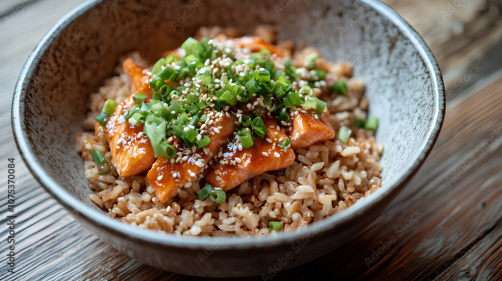 Teriyaki Salmon with Brown Rice Garnished with Green Onions and Sesame Seeds on Rustic Wooden Table
Teriyaki Salmon with Brown Rice Garnished with Green Onions and Sesame Seeds on Rustic Wooden Table