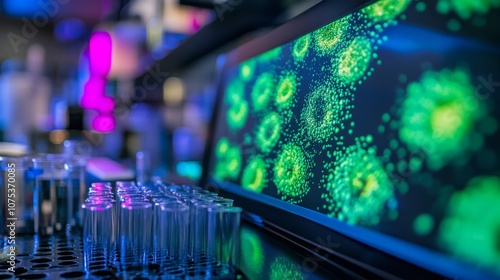 Microscopic View of Green, Yellow, and Blue Spheres on a Black Background in a Laboratory Setting
