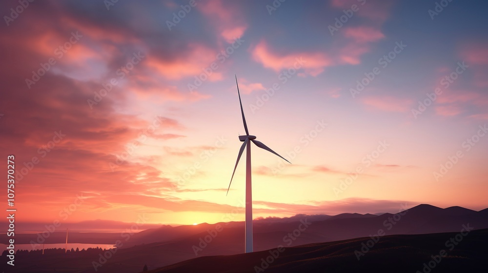 Obraz premium A photo of a wind turbine at dusk.