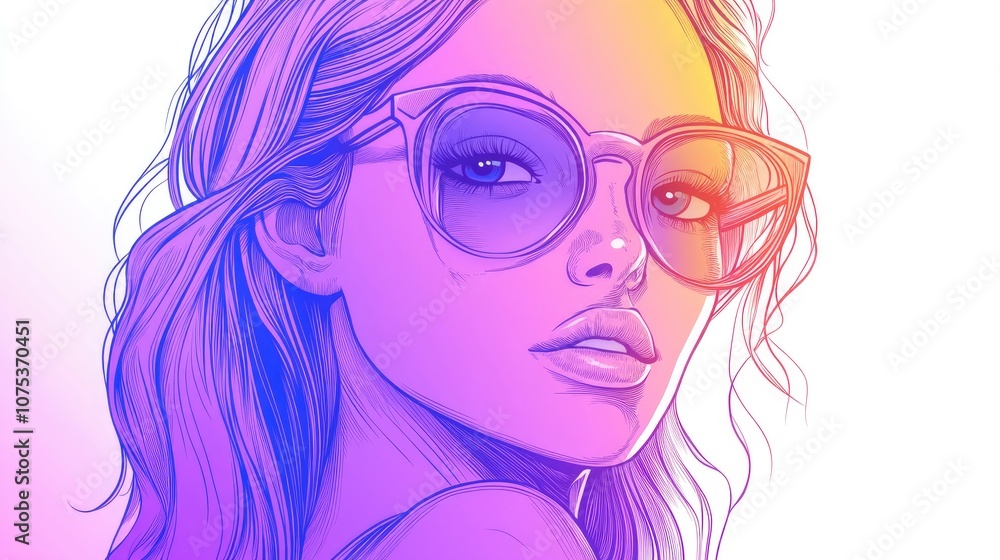 Line art illustration featuring a cool gradient drawing of a cartoon woman Line art illustration featuring a cool gradient drawing of a cartoon woman
