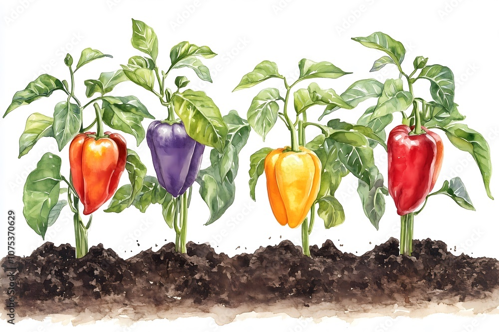 Watercolor painting of bell peppers on the plant on a white background Watercolor painting of bell peppers on the plant on a white background