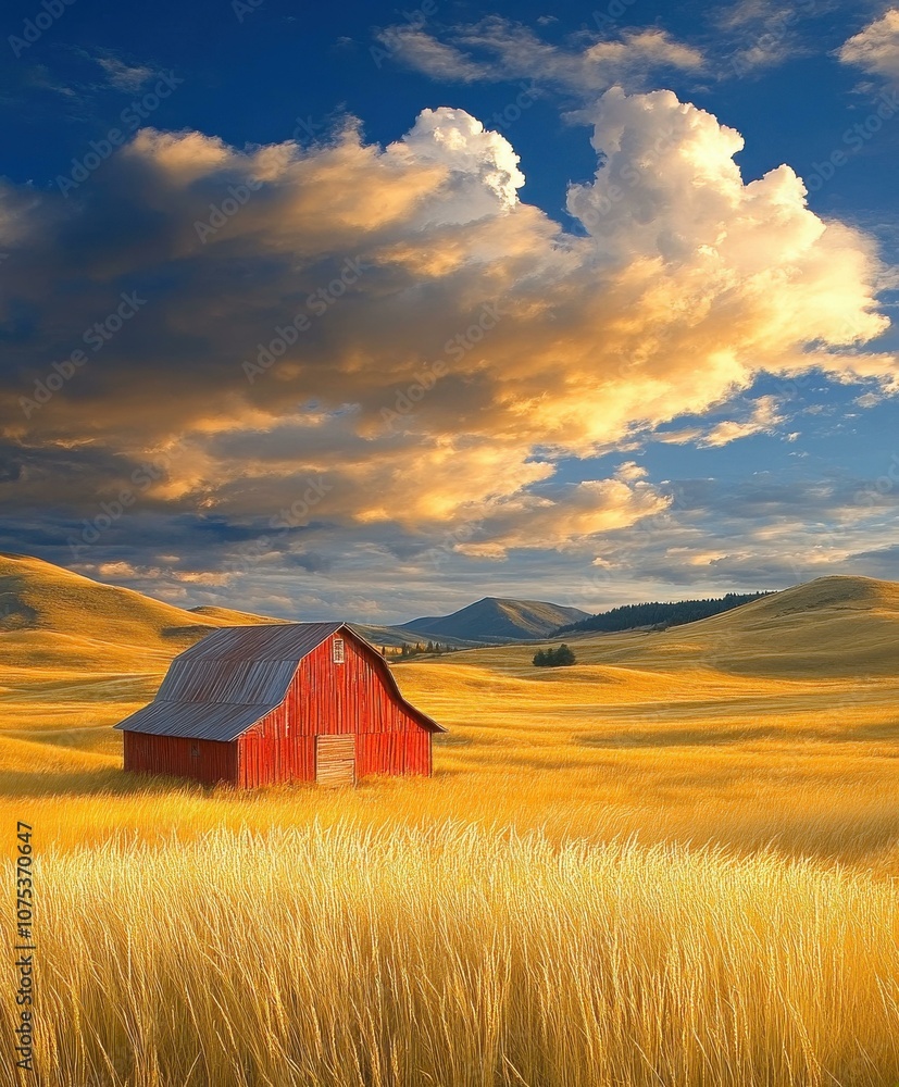 Breathtaking Landscape of a Red Barn Amidst Golden Fields and Majestic Mountains Under a Dramatic Sky Breathtaking Landscape of a Red Barn Amidst Golden Fields and Majestic Mountains Under a Dramatic Sky
