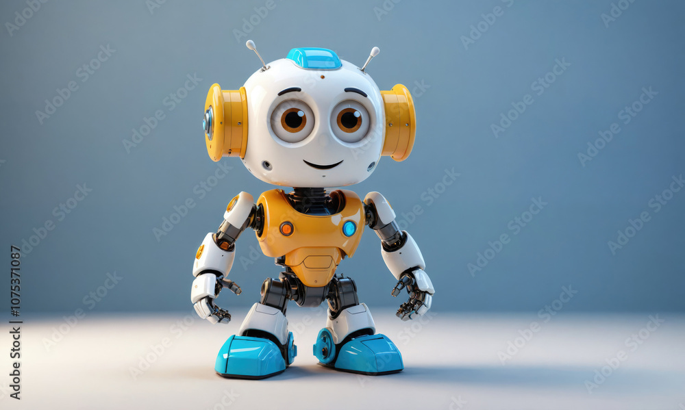 A small, friendly robot with blue and yellow accents stands on a white surface in front of a light blue background A small, friendly robot with blue and yellow accents stands on a white surface in front of a light blue background