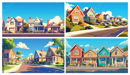 Cartoon suburban street. Neighborhood houses buildings lawns, suburb village landscape with cottages set vector illustration
