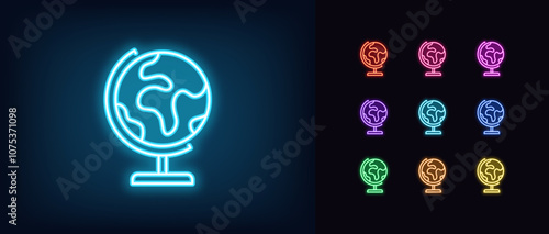 Outline neon globe icon set. Glowing neon earth globe icon, international world map. Abstract planet on stand, school globus, geographical expedition, worldwide travel, global geography. Vector icons