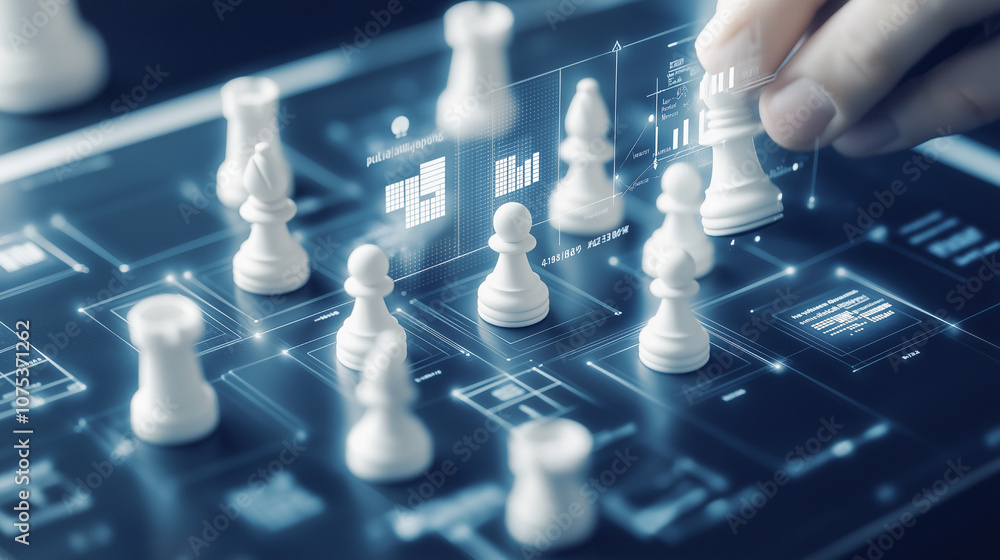 Cyber chessboard with black and white chess where each piece represents a company, with performance metrics and graphs floating above them Cyber chessboard with black and white chess where each piece represents a company, with performance metrics and graphs floating above them