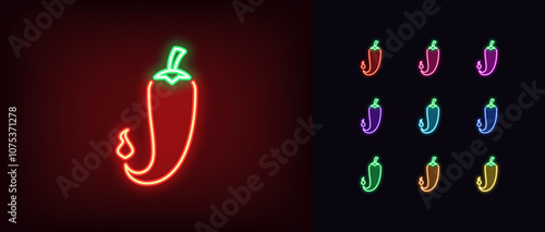 Outline neon hot pepper icon set. Glowing neon chili pepper with little fire, spicy food. Jalapeno pepper, extra hot taste, spicy kitchen, paprika spice, chili sauce, fire taste. Vector icons