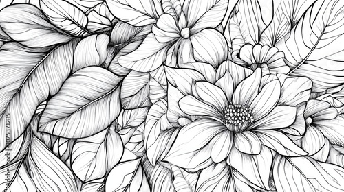 Wallpaper Mural Line art illustration featuring computer graphic design elements with artistic depictions of leaves and flowers Torontodigital.ca