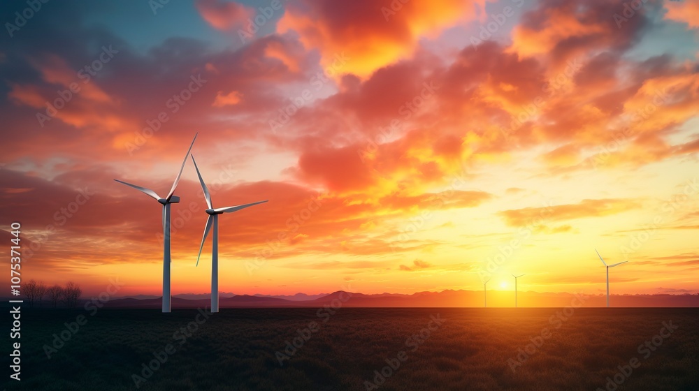 Fototapeta premium A photo of a wind turbine with a vibrant sunset.