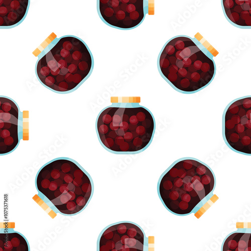 Seamless pattern of glass jars filled with ripe cherries preserved in sweet syrup, perfect for food packaging or backgrounds