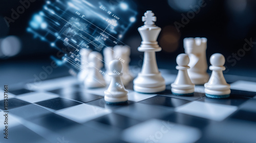 Wallpaper Mural Cyber chessboard with black and white chess where each piece represents a company, with performance metrics and graphs floating above them Torontodigital.ca