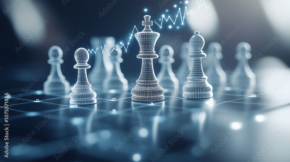 Cyber chessboard with black and white chess where each piece represents a company, with performance metrics and graphs floating above them Cyber chessboard with black and white chess where each piece represents a company, with performance metrics and graphs floating above them