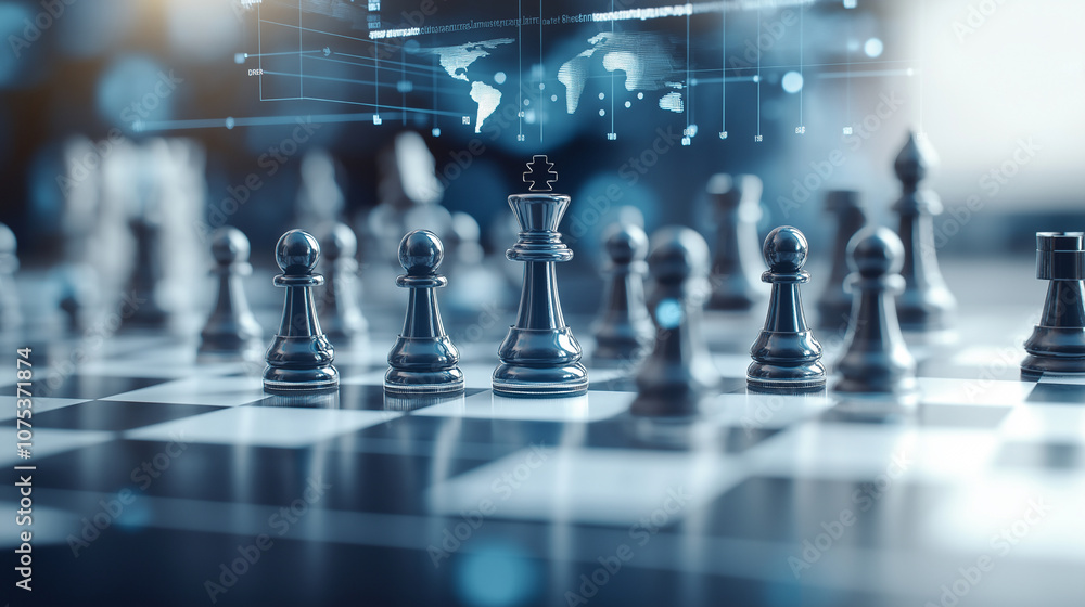 Cyber chessboard with black and white chess where each piece represents a company, with performance metrics and graphs floating above them Cyber chessboard with black and white chess where each piece represents a company, with performance metrics and graphs floating above them