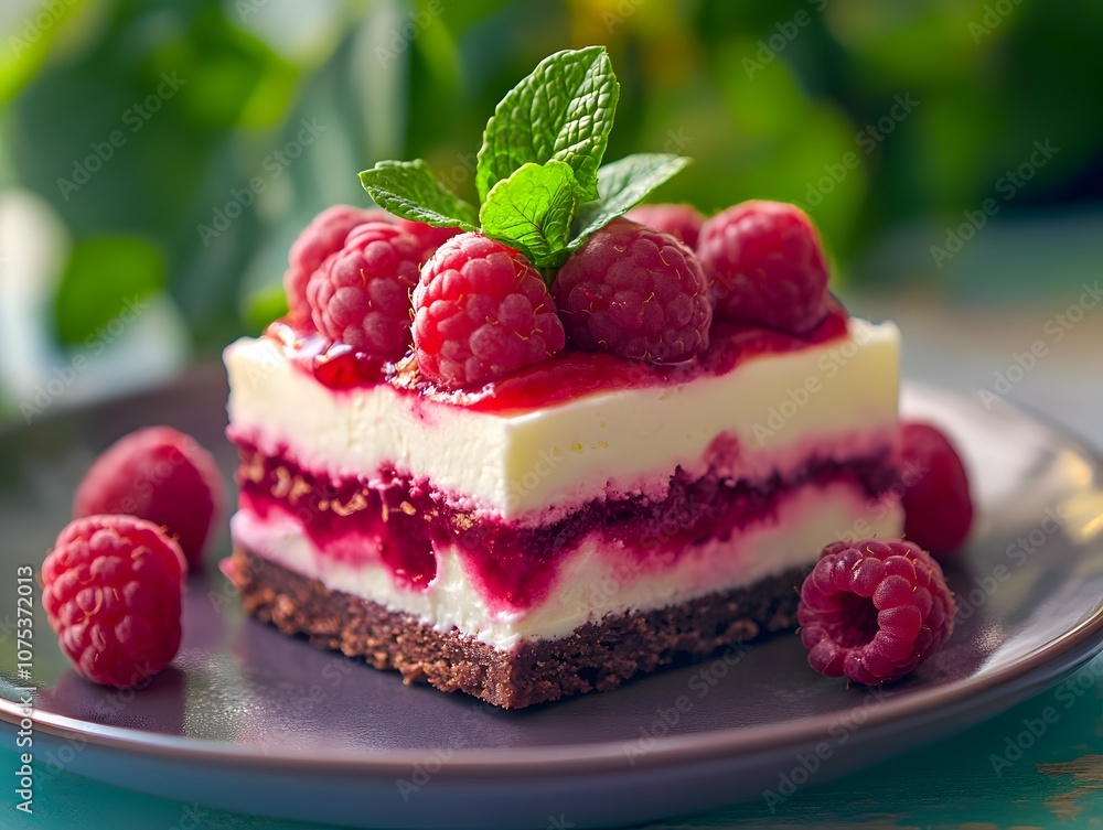 Indulge in a delicious layered cake topped with fresh raspberries and mint for a sweet treat Indulge in a delicious layered cake topped with fresh raspberries and mint for a sweet treat