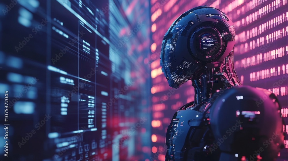 Futuristic Robot with Digital Interface in Neon Lights Futuristic Robot with Digital Interface in Neon Lights