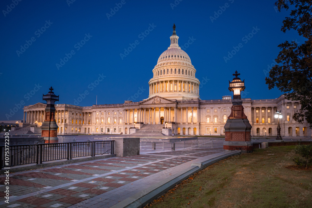 Obraz premium illuminated walkway leading to domed United States Capital building that is home to Senate and House of Representatives at sunrise in Washington D.C.