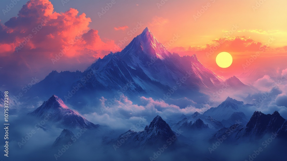 Majestic Mountain Peak at Sunset with Pink Clouds and Sun Majestic Mountain Peak at Sunset with Pink Clouds and Sun