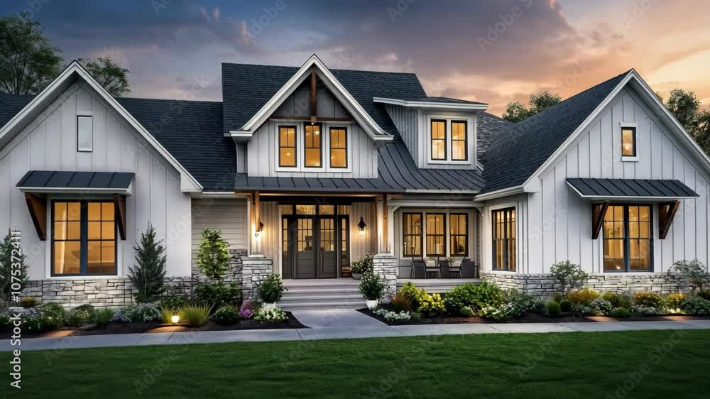 A modern farmhouse with a gray roof and white siding sits on a grassy lawn A modern farmhouse with a gray roof and white siding sits on a grassy lawn