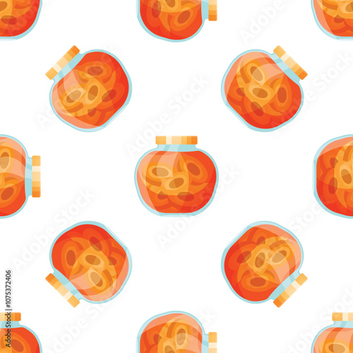 Seamless pattern of glass jars filled with sliced pickled vegetables preserved in vinegar or brine, ideal for backgrounds, packaging, menus, or any food related design