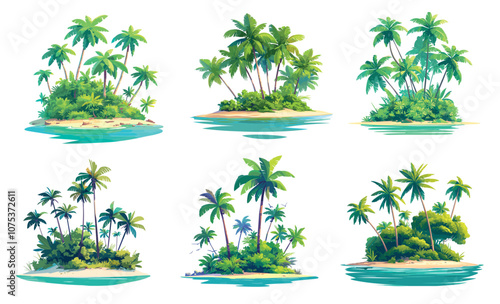 Cartoon tropical island. Exotic beach with palm trees and bushes in ocean, summer vacation set vector illustration
