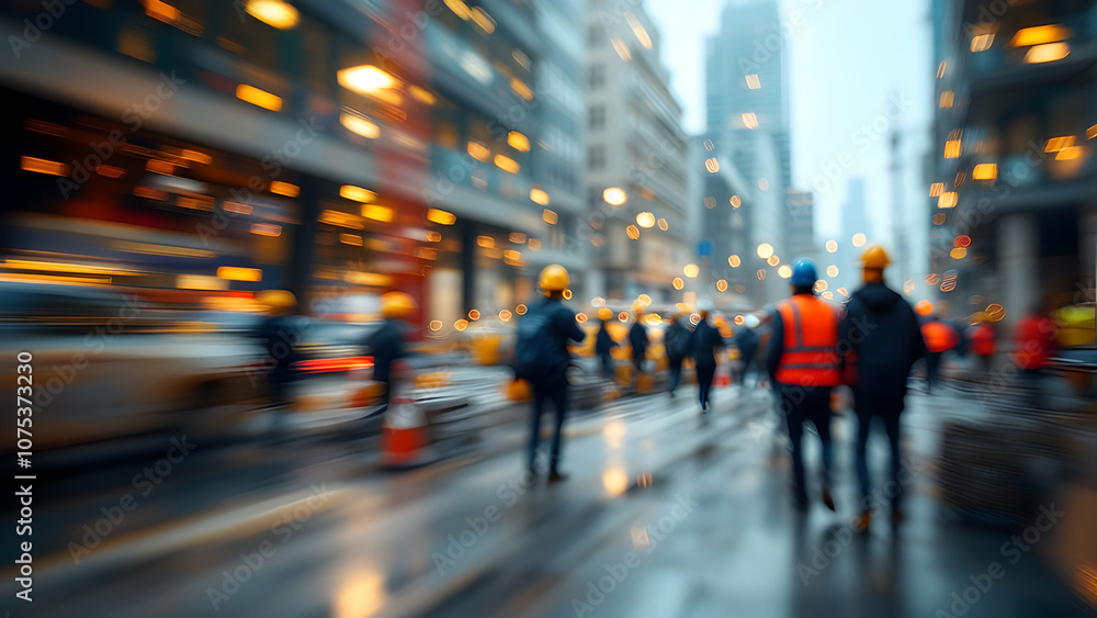 Motion Blur of Workers Walking on a City Street with Tall Buildings and Bokeh Lights Motion Blur of Workers Walking on a City Street with Tall Buildings and Bokeh Lights