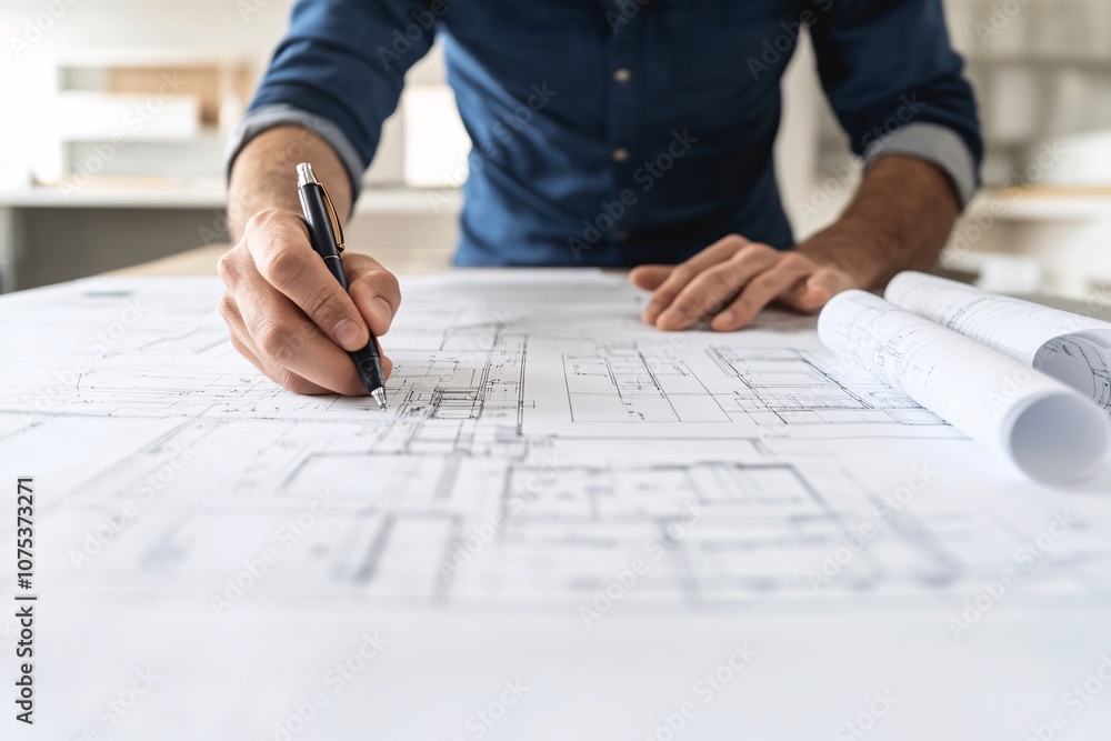 Architect Working on Blueprint: Detailed Floor Plan Design for a New House or Building Architect Working on Blueprint: Detailed Floor Plan Design for a New House or Building