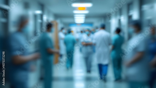 Outoffocus View of Medical Professionals in Hospital Corridor