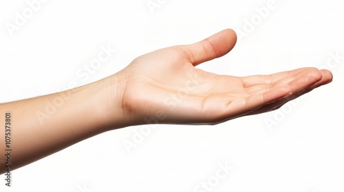 Close-Up of an Isolated Human Hand Extending Forward on a White Background Perfect for Focused and Clean Visuals in Various Design Projects