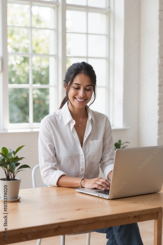 Smiling Young Woman Working on Laptop at Home Office with Plants Smiling Young Woman Working on Laptop at Home Office with Plants