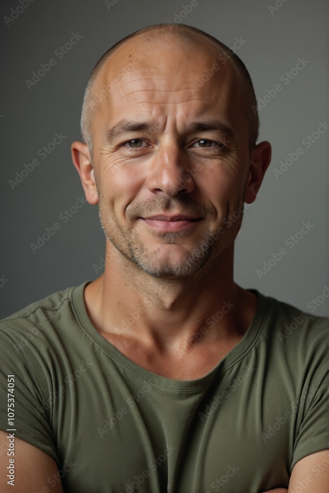 Confident Middle-Aged Man with a Bald Head in Casual Gray T-Shirt Confident Middle-Aged Man with a Bald Head in Casual Gray T-Shirt