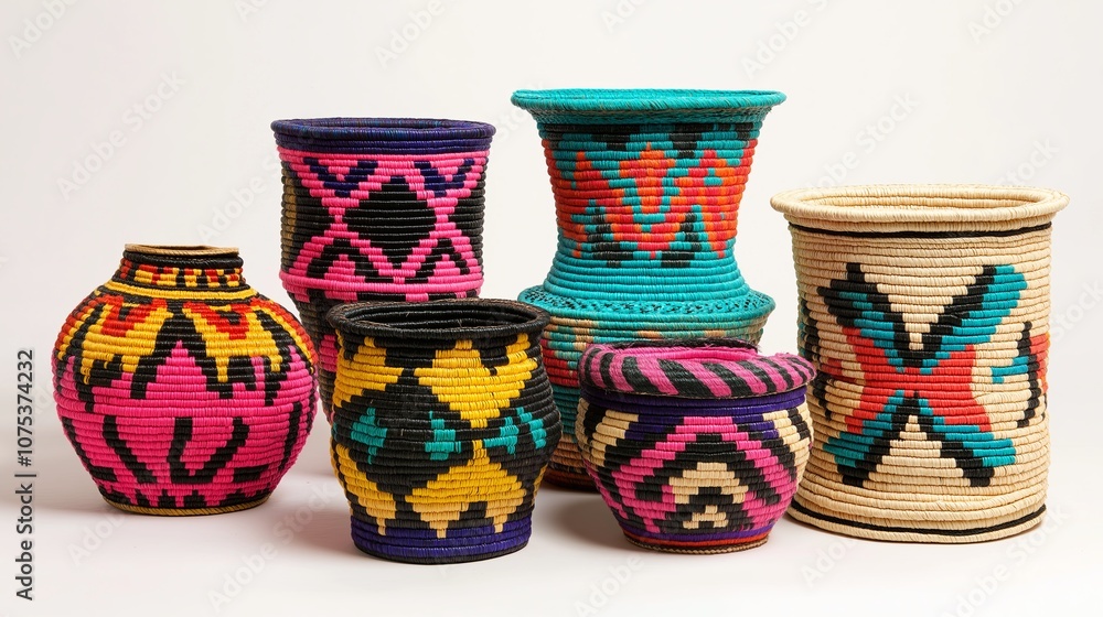 Handmade Woven Baskets with Colorful Tribal Patterns Handmade Woven Baskets with Colorful Tribal Patterns