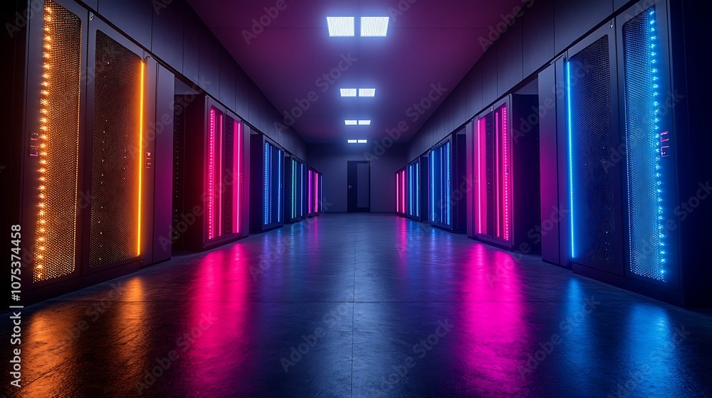 A long, dark corridor with neon lights reflecting on the floor. A long, dark corridor with neon lights reflecting on the floor.