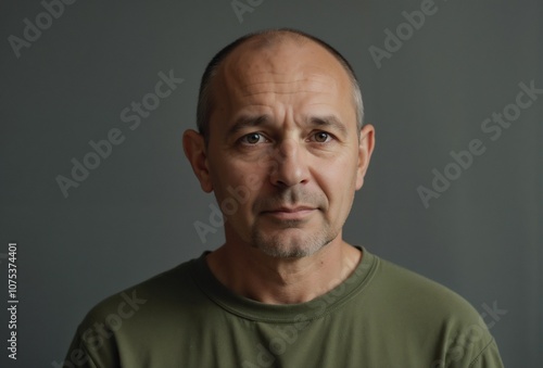 Portrait of a Middle-Aged Man in a Green T-Shirt Against a Neutral Background