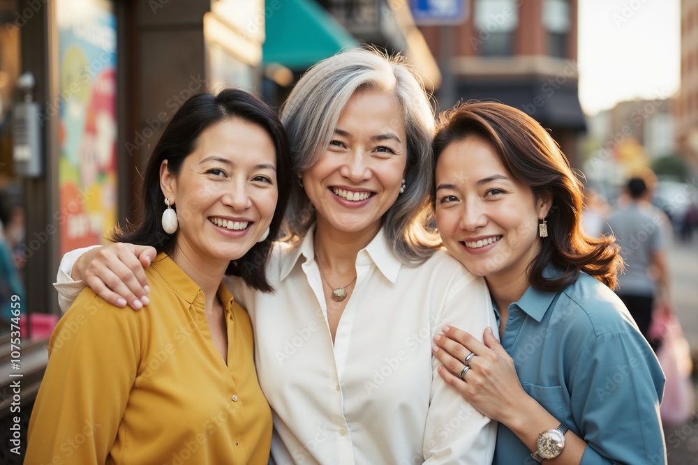 Obraz premium Three Diverse Women Smiling Together in Urban Setting