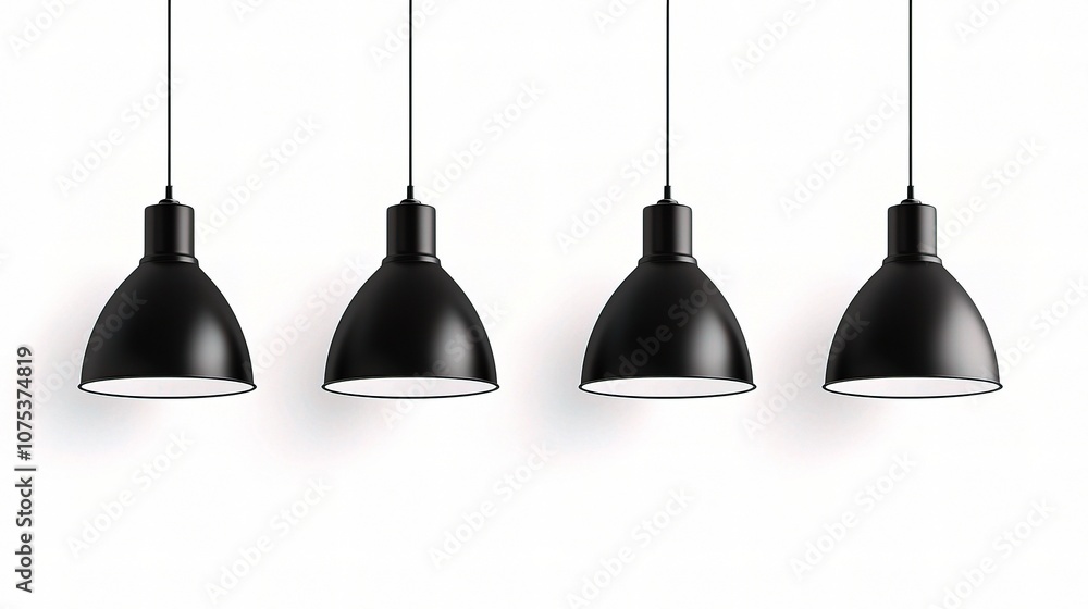 Naklejka premium Modern Black Pendant Lamps Hanging in a Row, Minimalistic Design for Contemporary Interiors and Stylish Home Decor, Versatile Lighting Solution for Various Spaces
