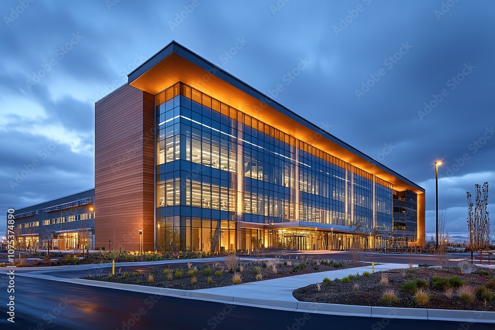 Modern office building with glass facade and warm lighting at dusk. Modern office building with glass facade and warm lighting at dusk.